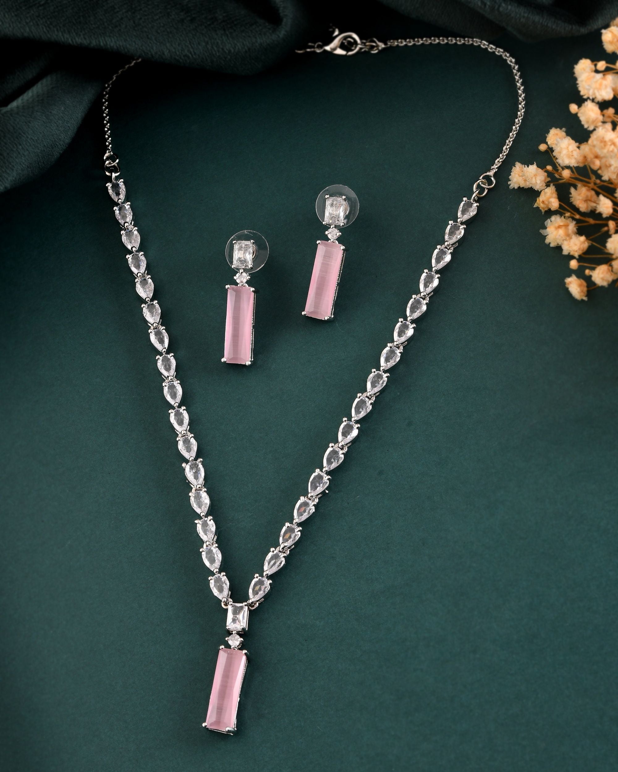 VOJ Silver Plated Baby Pink Stone Studded Necklace Set