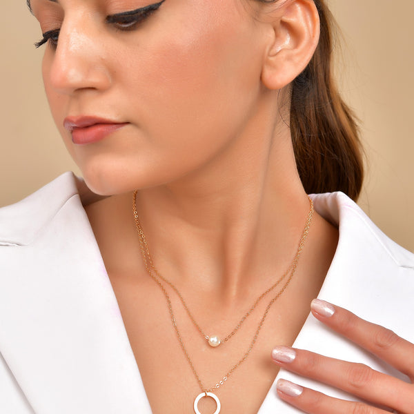 VOJ Gold Polished Multi Layer Pearl Studded Designer Chain