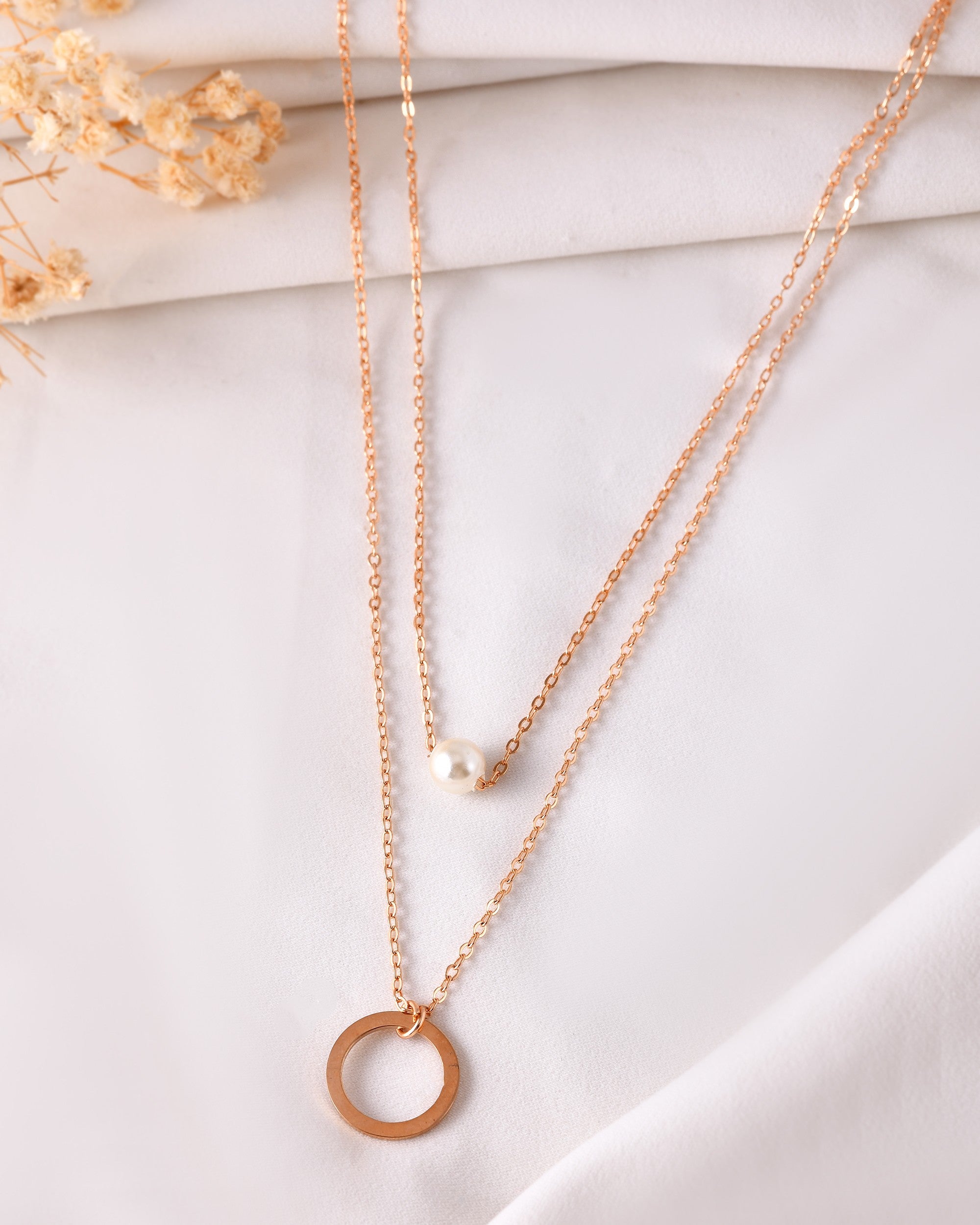 VOJ Gold Polished Multi Layer Pearl Studded Designer Chain