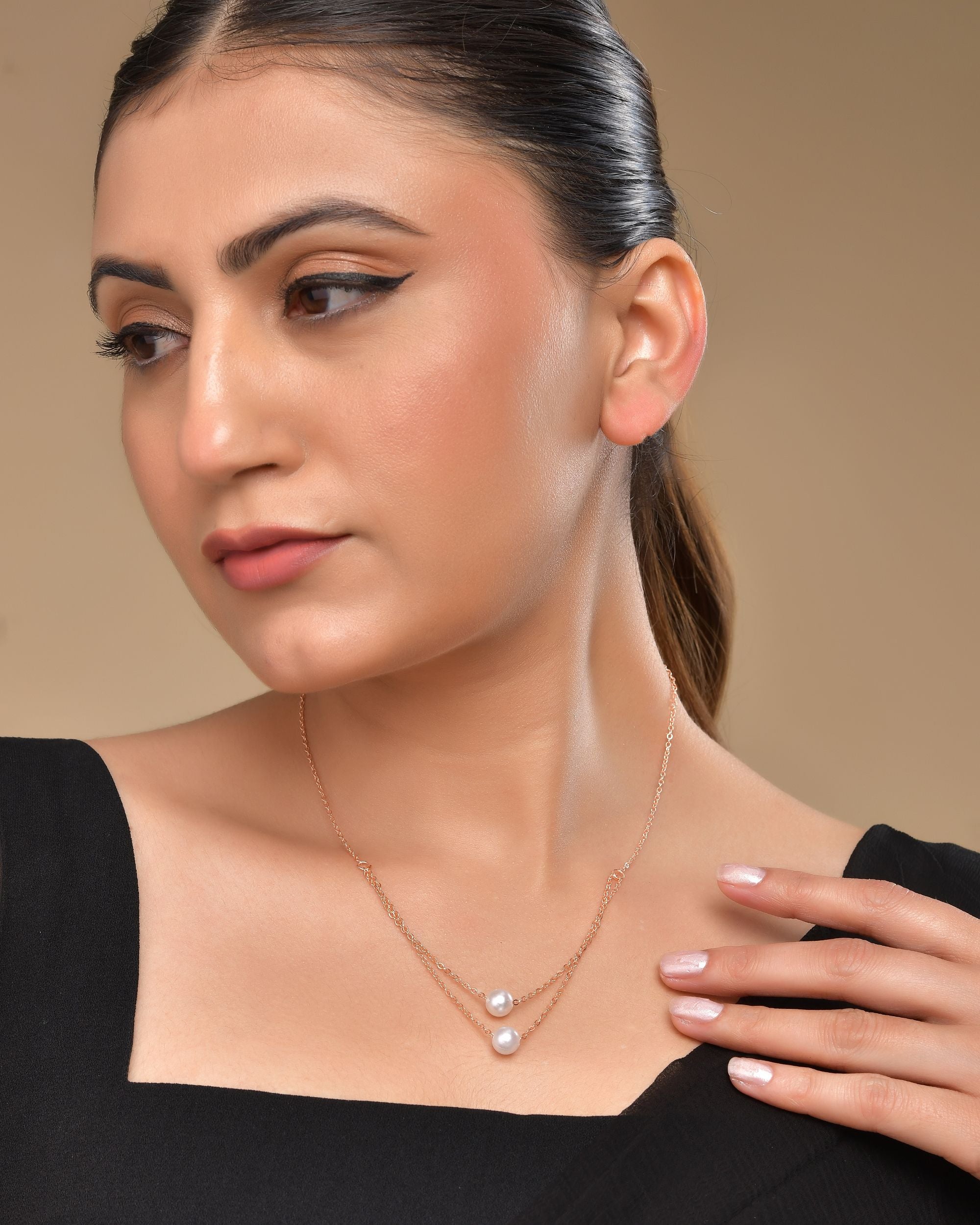 VOJ Gold Polished Pearl Studded Multi Layer Chain