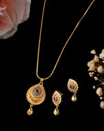 Thumbnail for VOJ Gold Polished Teardrop Shaped Pendant With Chain Set - Distacart
