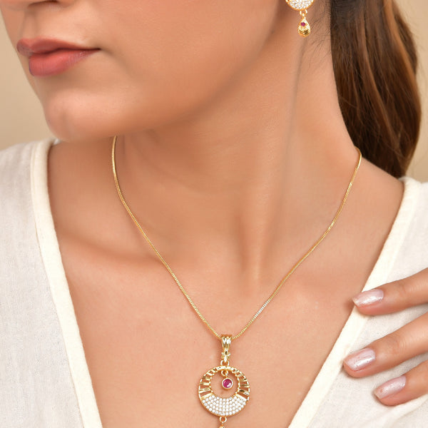 VOJ Gold Polished Circular Pendant With Chain And Earrings Set - Distacart