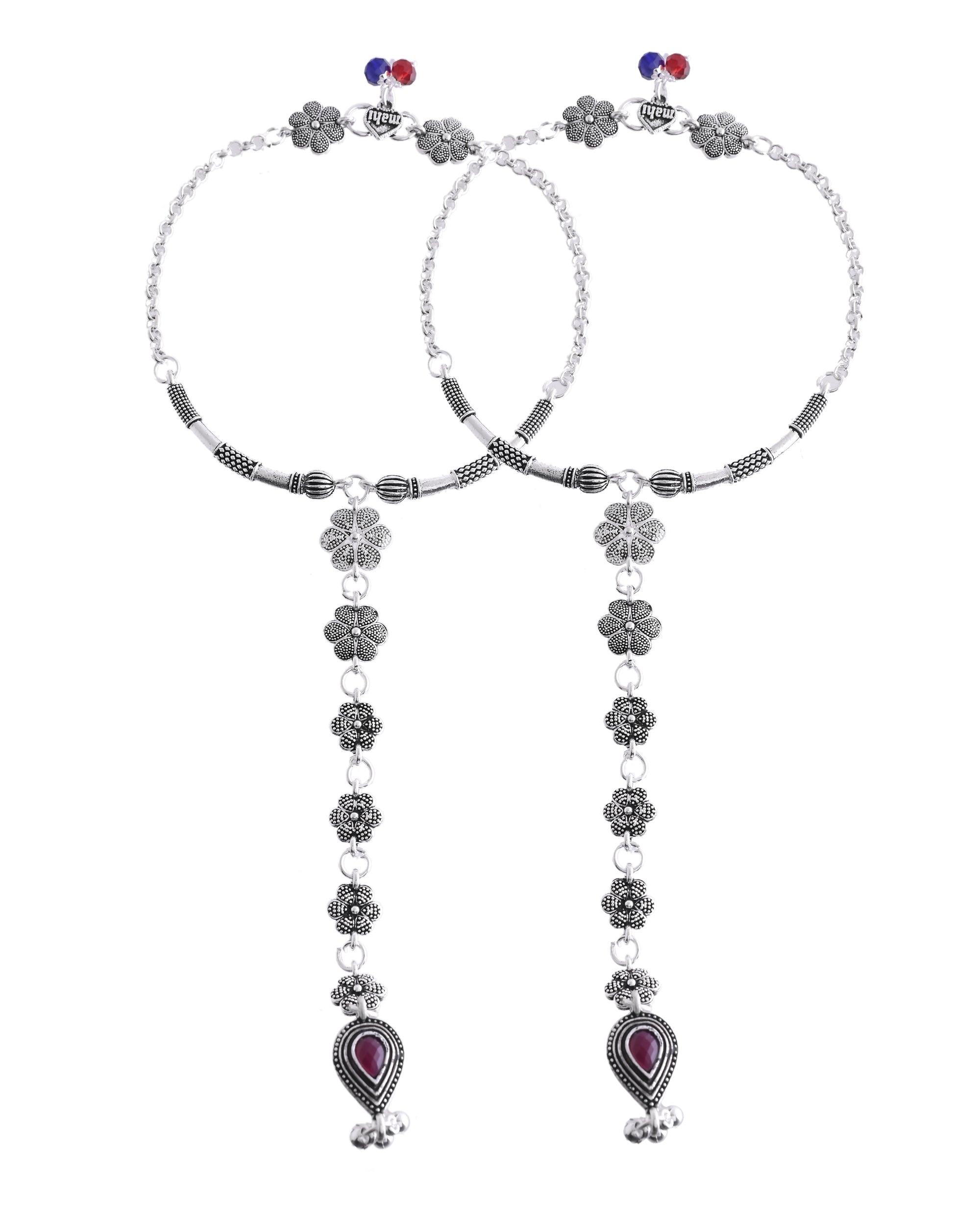 VOJ Set Of 2 Silver-Plated Stainless Steel Floral Shape Anklet With Toe Ring - Distacart