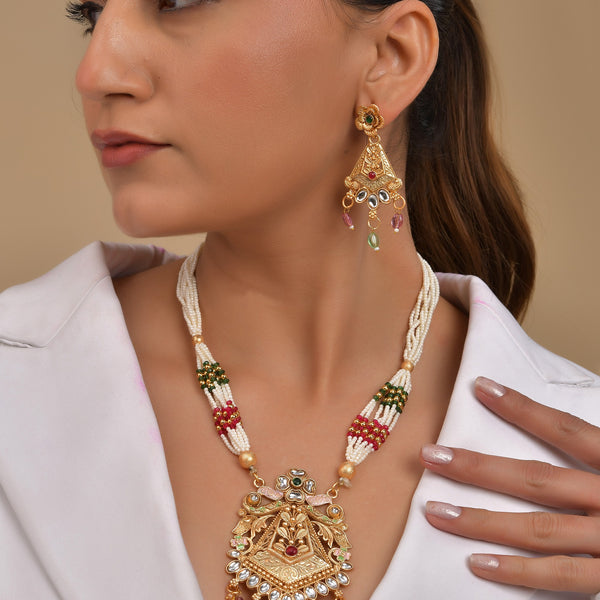 VOJ Gold Polished Designer Long Necklace With Earrings Set - Distacart
