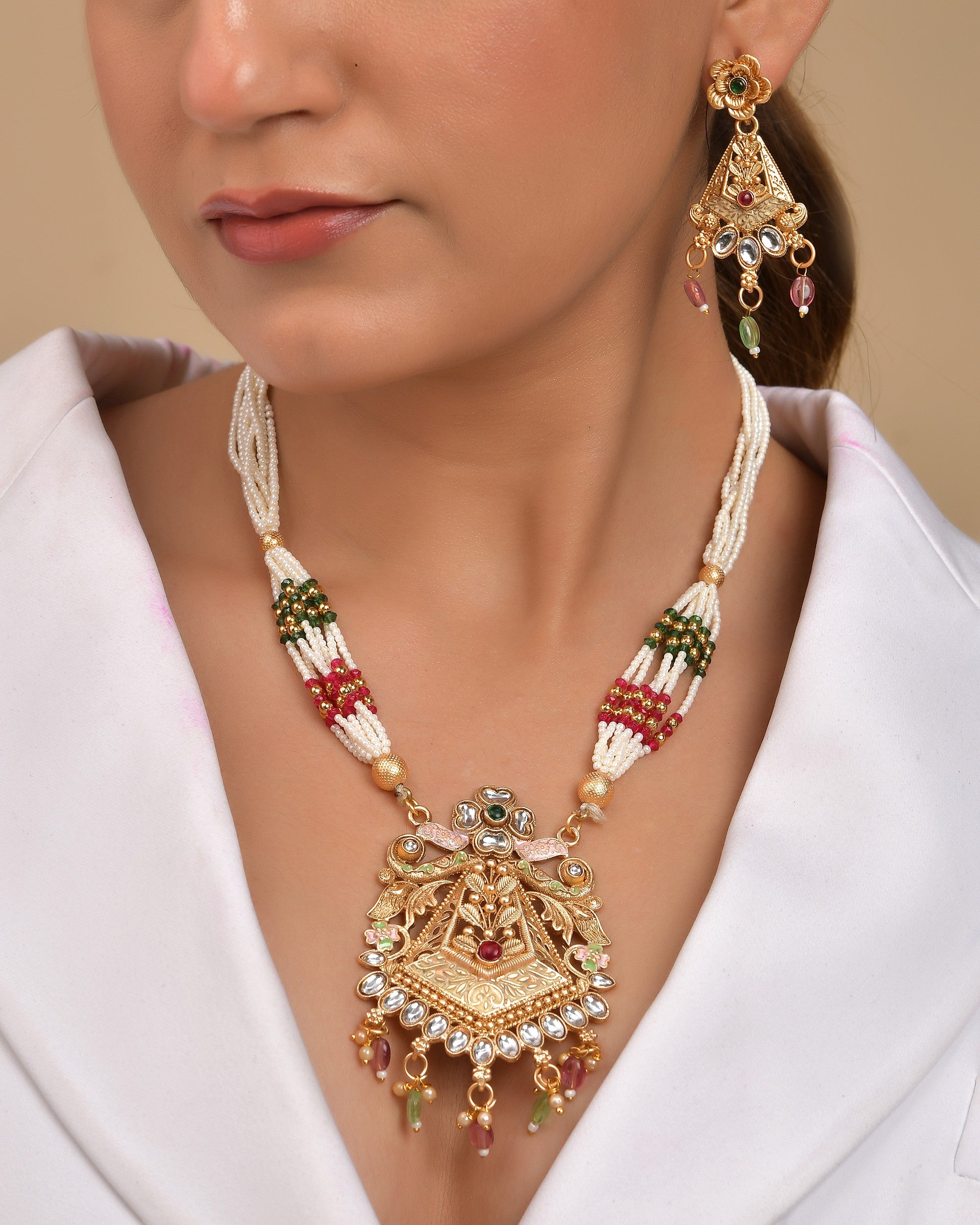 VOJ Gold Polished Designer Long Necklace With Earrings Set - Distacart