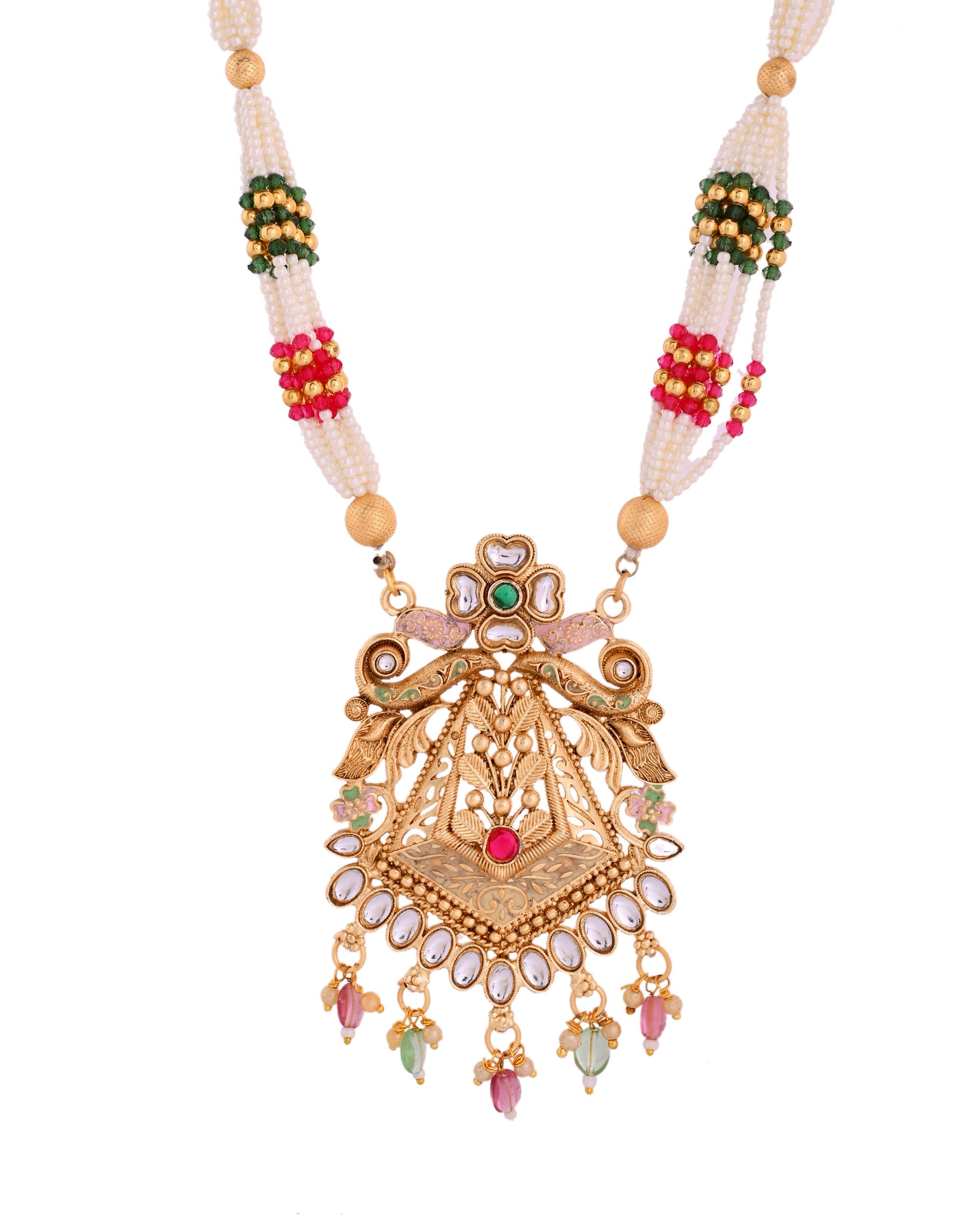 VOJ Gold Polished Designer Long Necklace With Earrings Set - Distacart