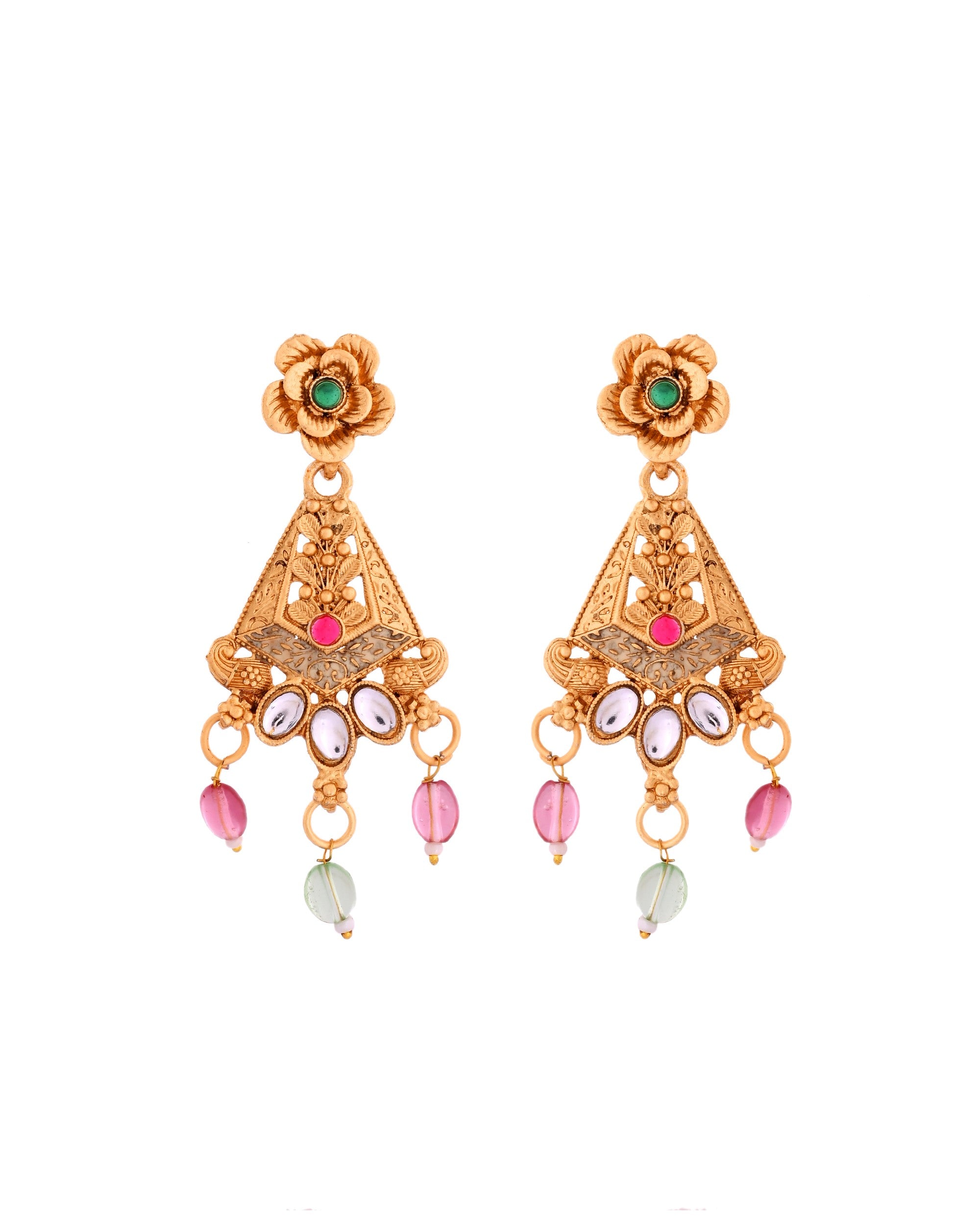 VOJ Gold Polished Designer Long Necklace With Earrings Set - Distacart