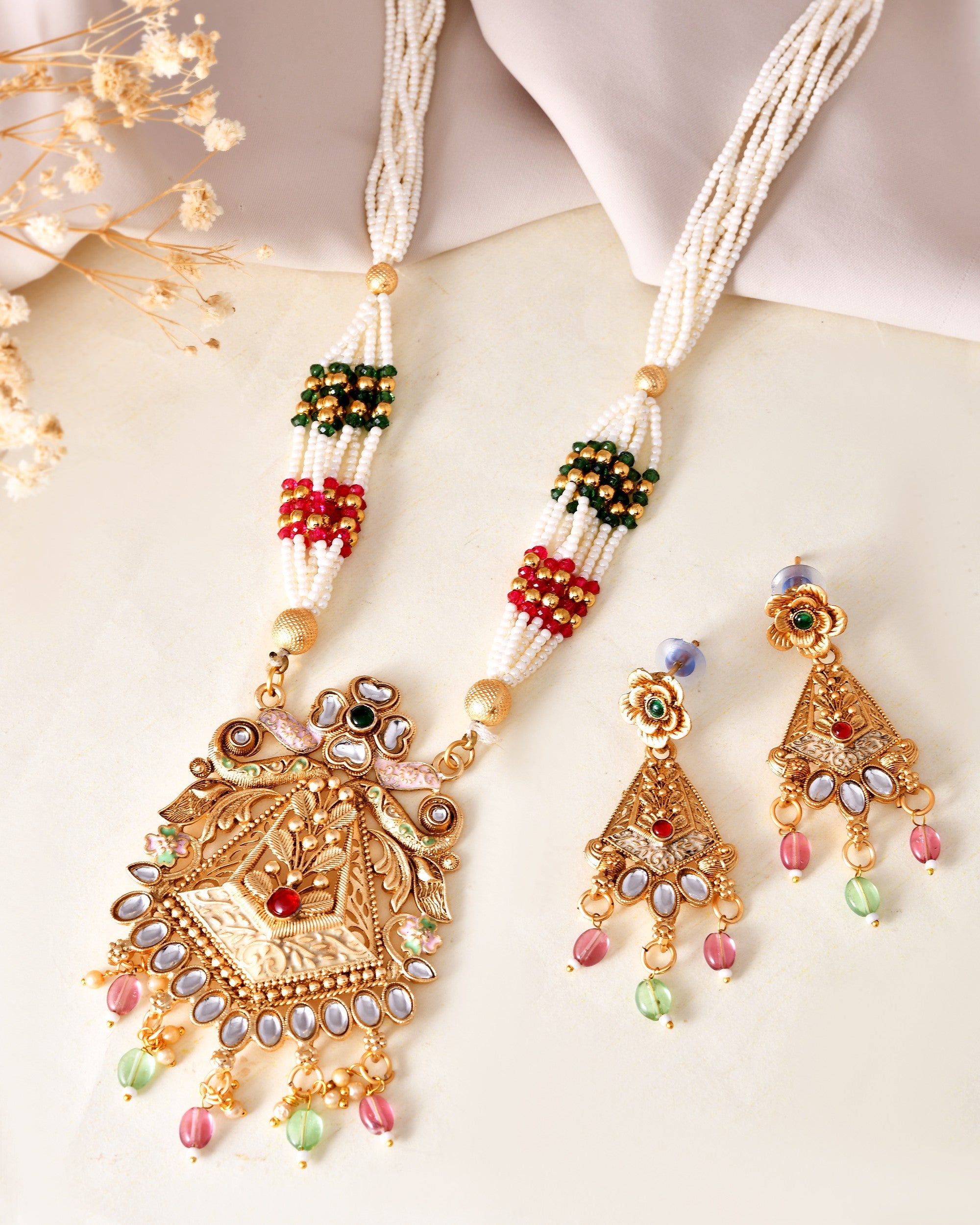 VOJ Gold Polished Designer Long Necklace With Earrings Set - Distacart