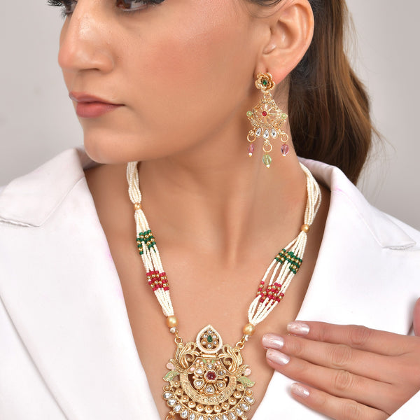 VOJ Gold Polished Traditional Circular Shaped Long Necklace With Earrings Set - Distacart