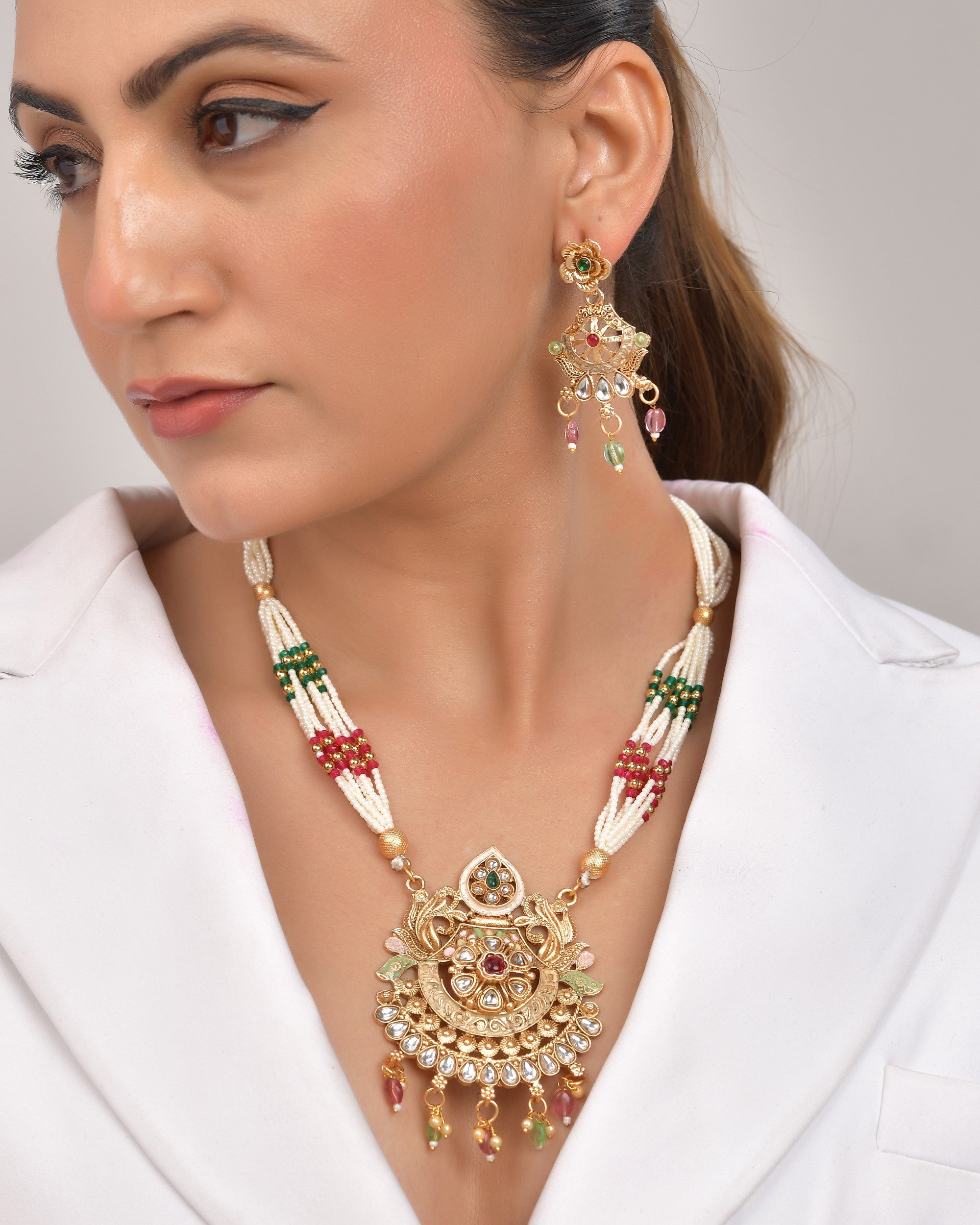 VOJ Gold Polished Traditional Circular Shaped Long Necklace With Earrings Set - Distacart