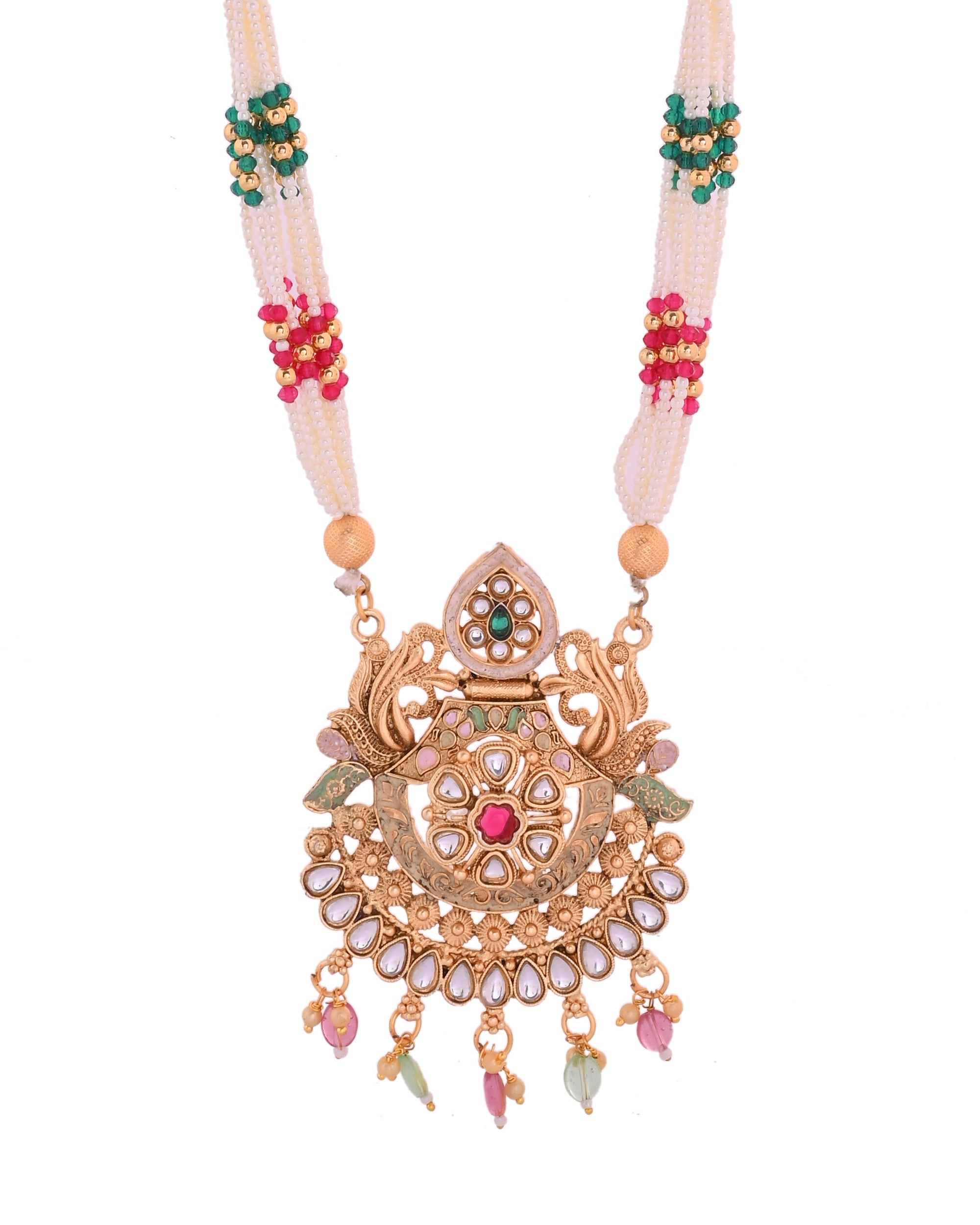 VOJ Gold Polished Traditional Circular Shaped Long Necklace With Earrings Set - Distacart