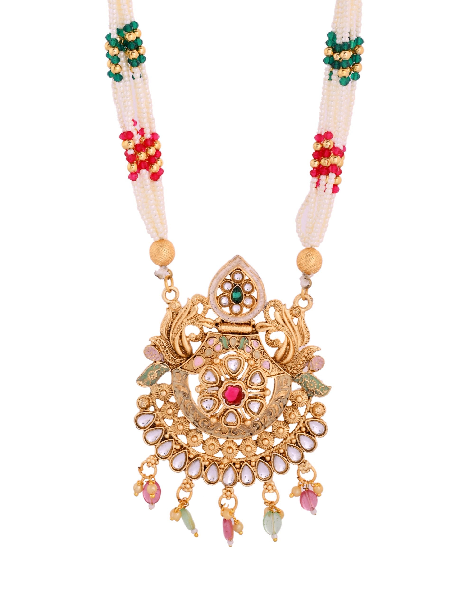 VOJ Gold Polished Traditional Circular Shaped Long Necklace With Earrings Set - Distacart