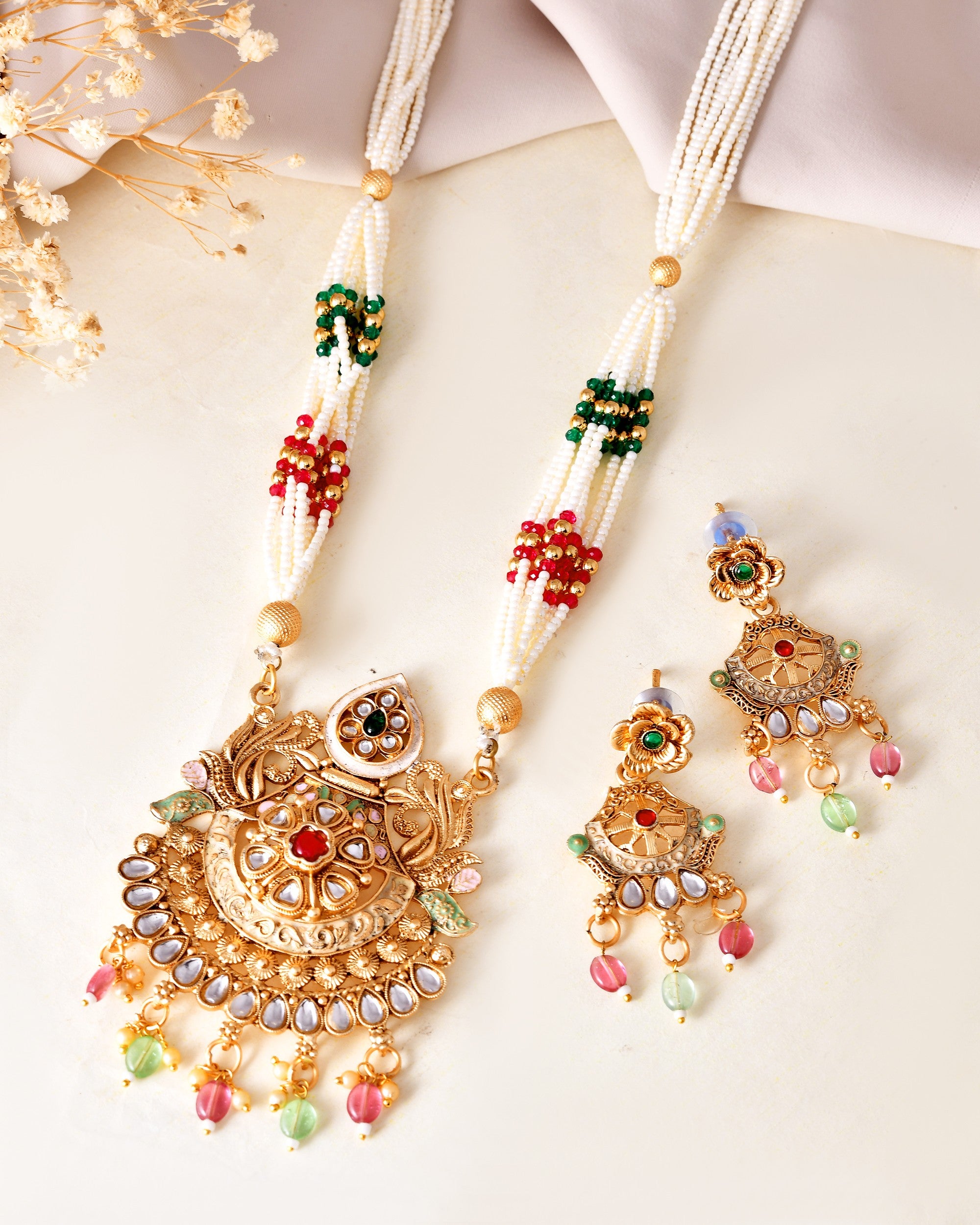 VOJ Gold Polished Traditional Circular Shaped Long Necklace With Earrings Set - Distacart