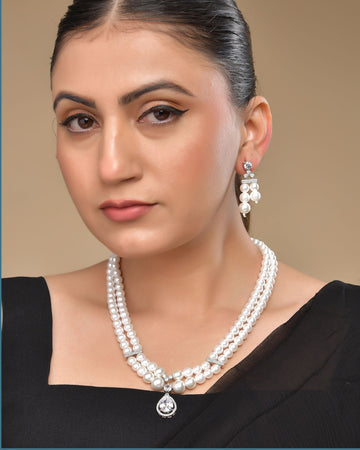 VOJ Silver Plated Pearl & Ad Studded Designer Jewellery Set - Distacart