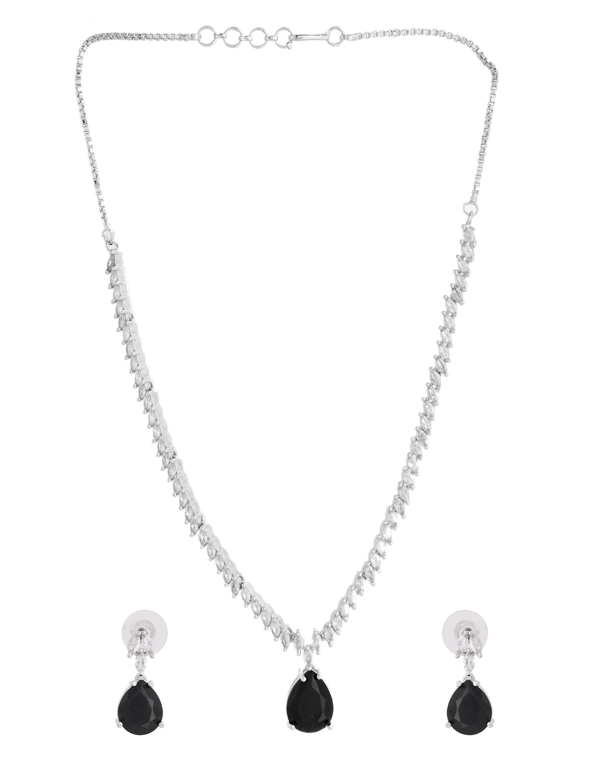 VOJ Silver Plated Black Teardrop Stone Studded Simple Jewellery Set - Distacart