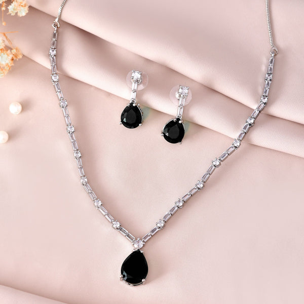 VOJ Silver Plated Black Teardrop Stone Studded Simple Jewellery Set - Distacart