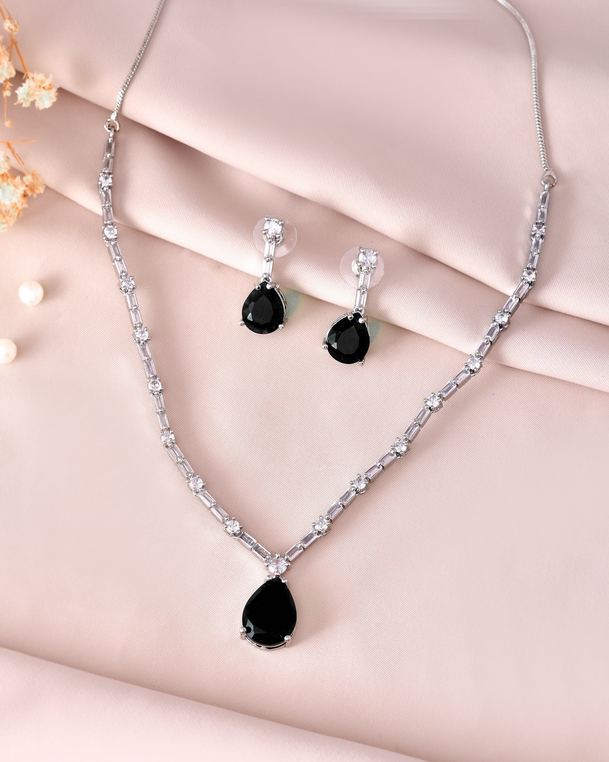 VOJ Silver Plated Black Teardrop Stone Studded Simple Jewellery Set