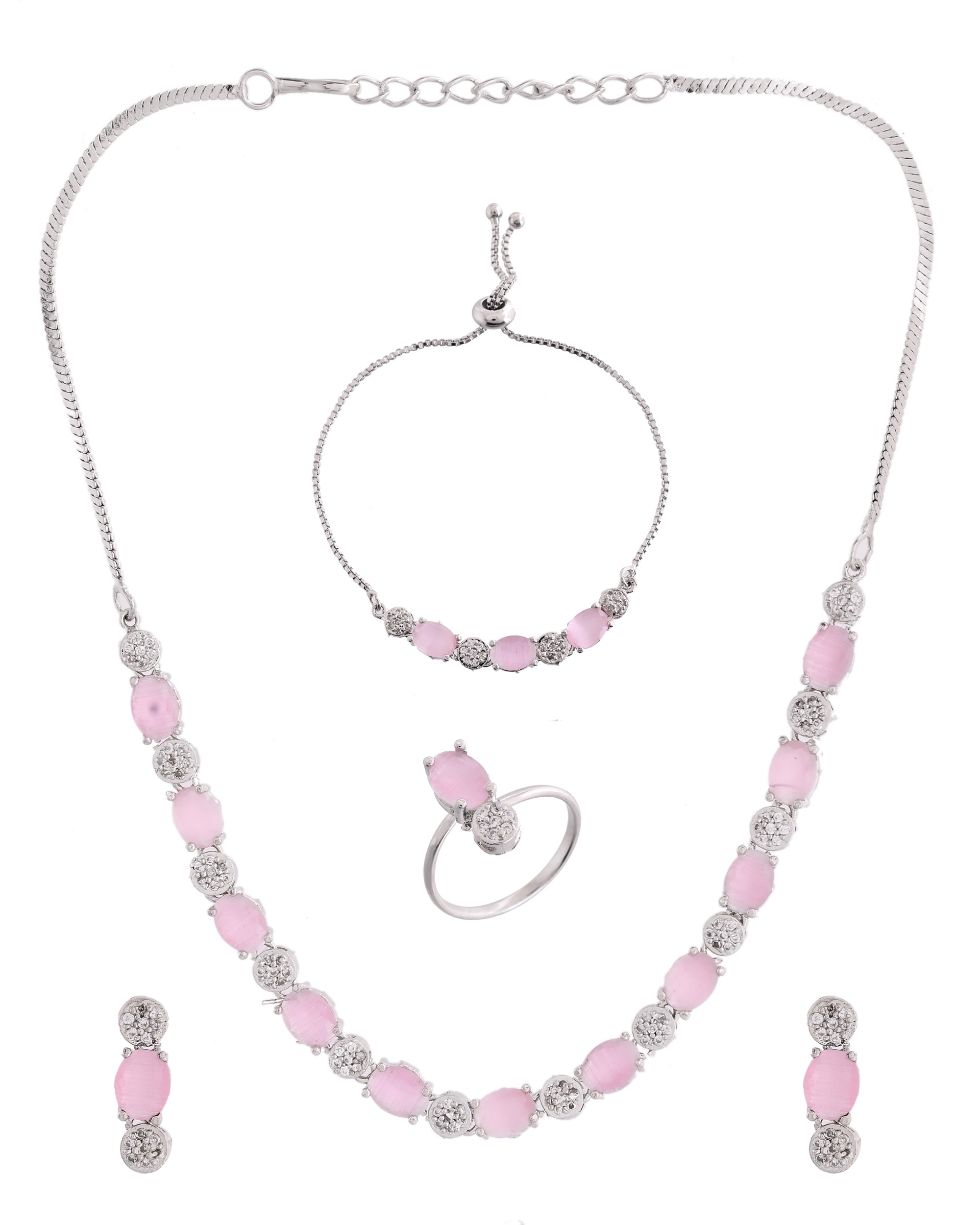 VOJ Silver Plated Baby Pink Stone Studded Necklace With Earrings, Ring And Bracelet Set - Distacart