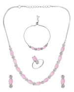 Thumbnail for VOJ Silver Plated Baby Pink Stone Studded Necklace With Earrings, Ring And Bracelet Set - Distacart