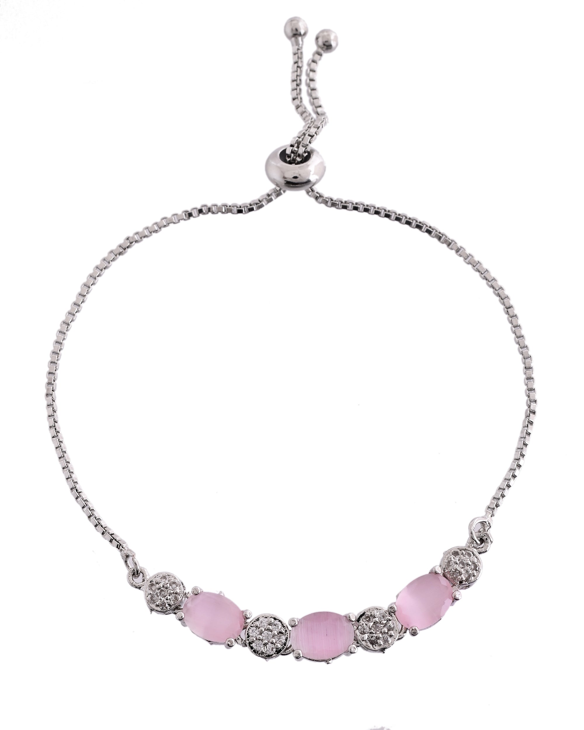 VOJ Silver Plated Baby Pink Stone Studded Necklace With Earrings, Ring And Bracelet Set - Distacart