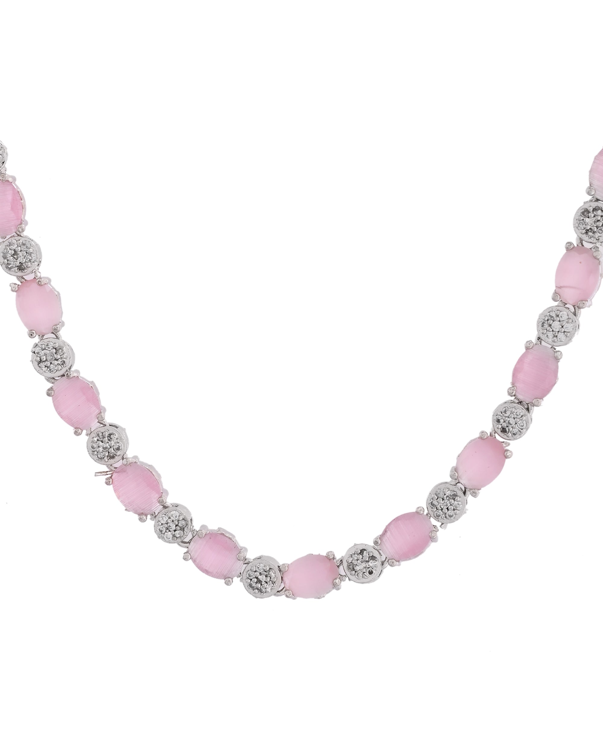 VOJ Silver Plated Baby Pink Stone Studded Necklace With Earrings, Ring And Bracelet Set - Distacart