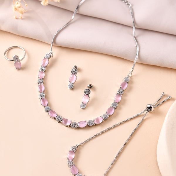 VOJ Silver Plated Baby Pink Stone Studded Necklace With Earrings, Ring And Bracelet Set - Distacart
