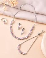 Thumbnail for VOJ Silver Plated Baby Pink Stone Studded Necklace With Earrings, Ring And Bracelet Set - Distacart