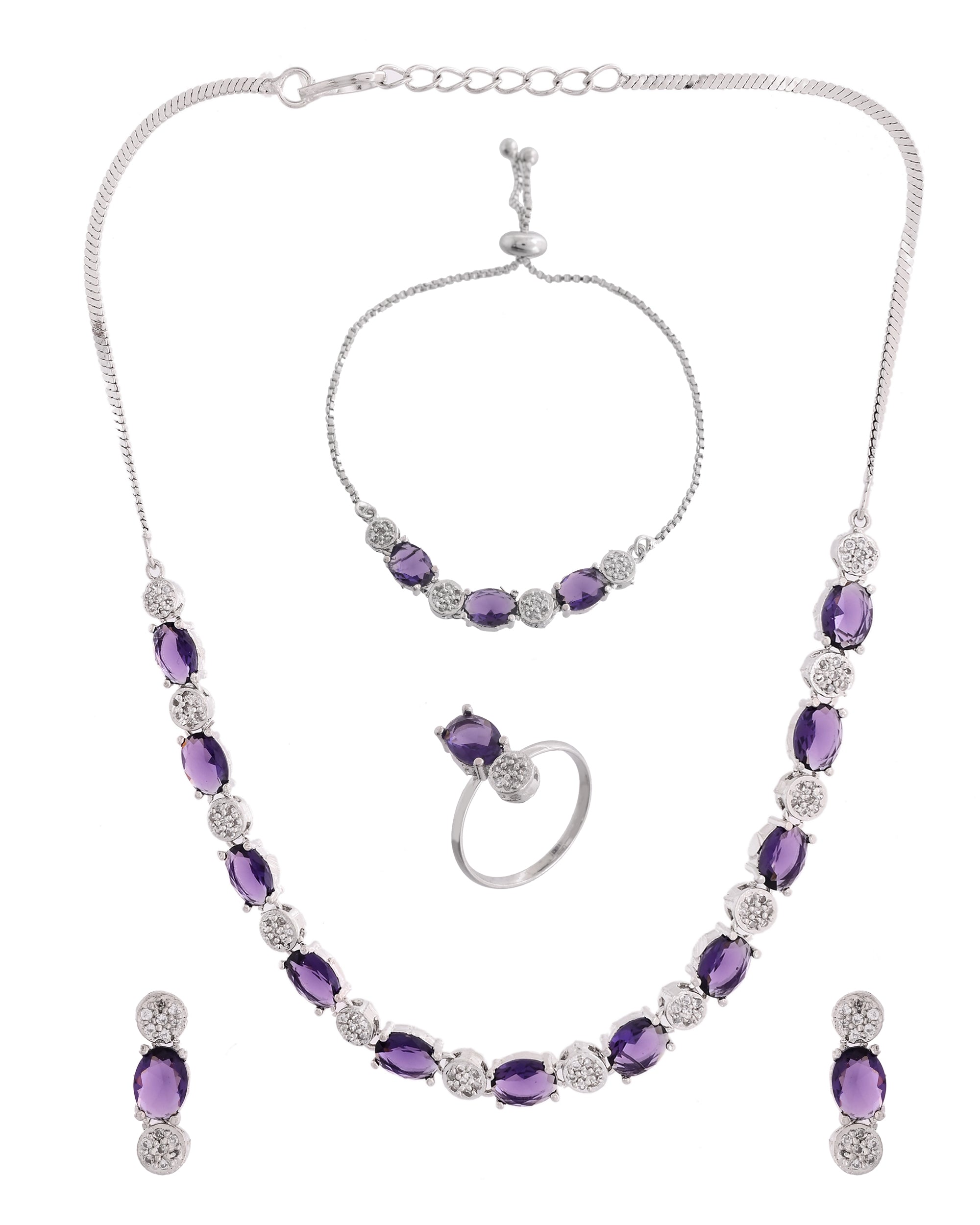 VOJ Silver Plated Purple Stone Studded Necklace With Earrings, Ring And Bracelet Set