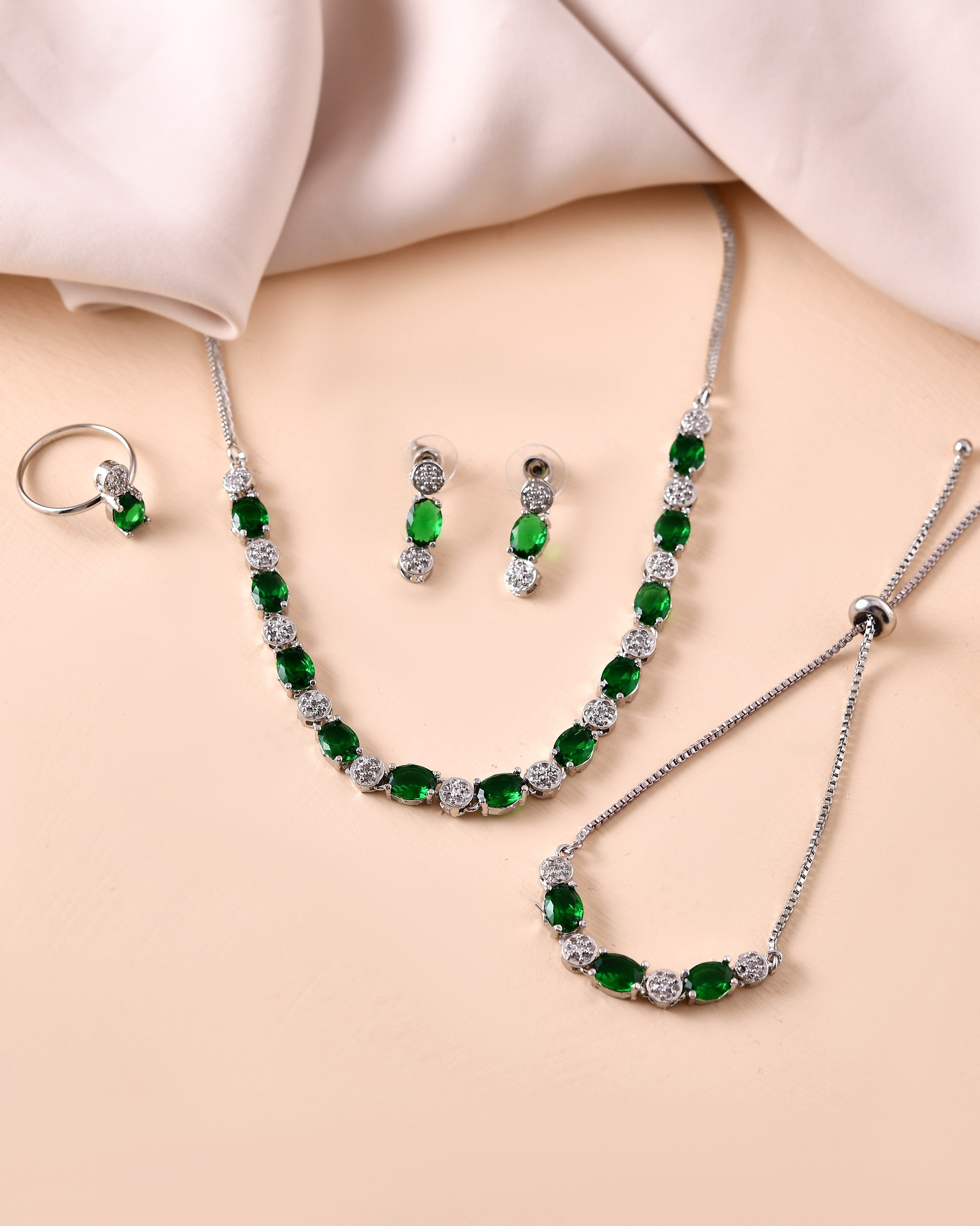 VOJ Silver Plated Green Stone Studded Necklace With Earrings, Ring And Bracelet Set