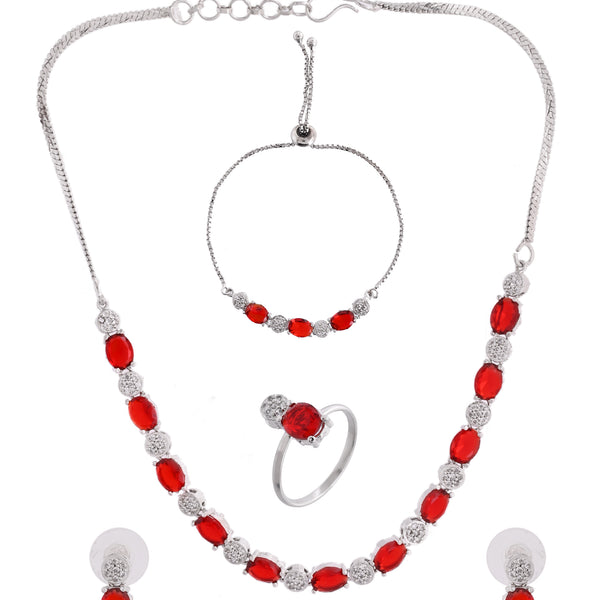 VOJ Silver Plated Red Stone Studded Necklace With Earrings, Ring And Bracelet Set - Distacart