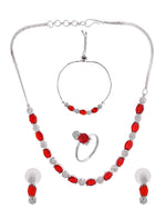 Thumbnail for VOJ Silver Plated Red Stone Studded Necklace With Earrings, Ring And Bracelet Set - Distacart