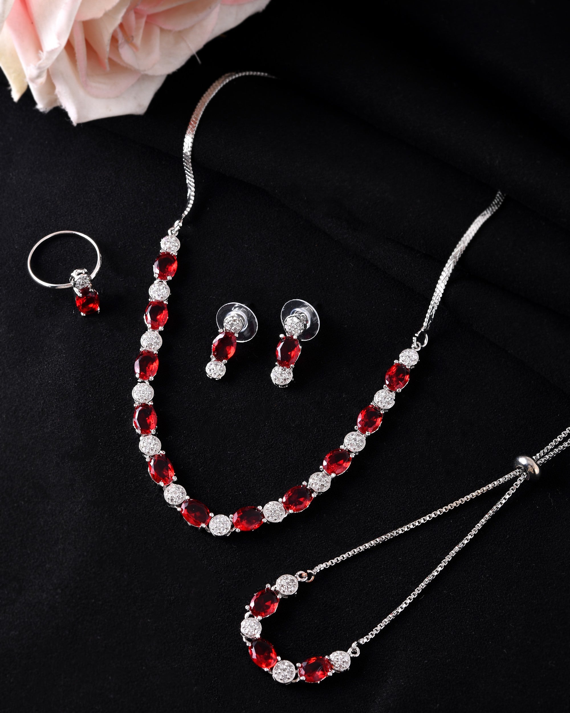 VOJ Silver Plated Red Stone Studded Necklace With Earrings, Ring And Bracelet Set - Distacart