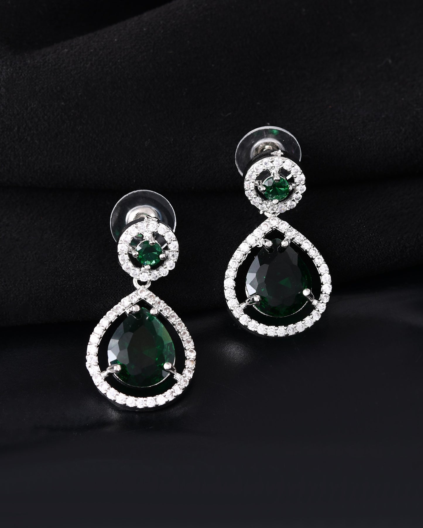 VOJ Silver Plated Green Stone Studded Teardrop Shaped Earrings - Distacart
