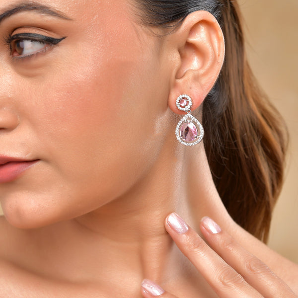 VOJ Silver Plated Baby Pink Stone Studded Teardrop Shaped Earrings - Distacart