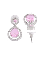 Thumbnail for VOJ Silver Plated Baby Pink Stone Studded Teardrop Shaped Earrings - Distacart