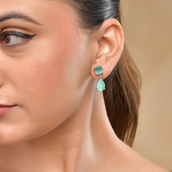 VOJ Silver Plated Sea Green Stone Studded Studs Earrings