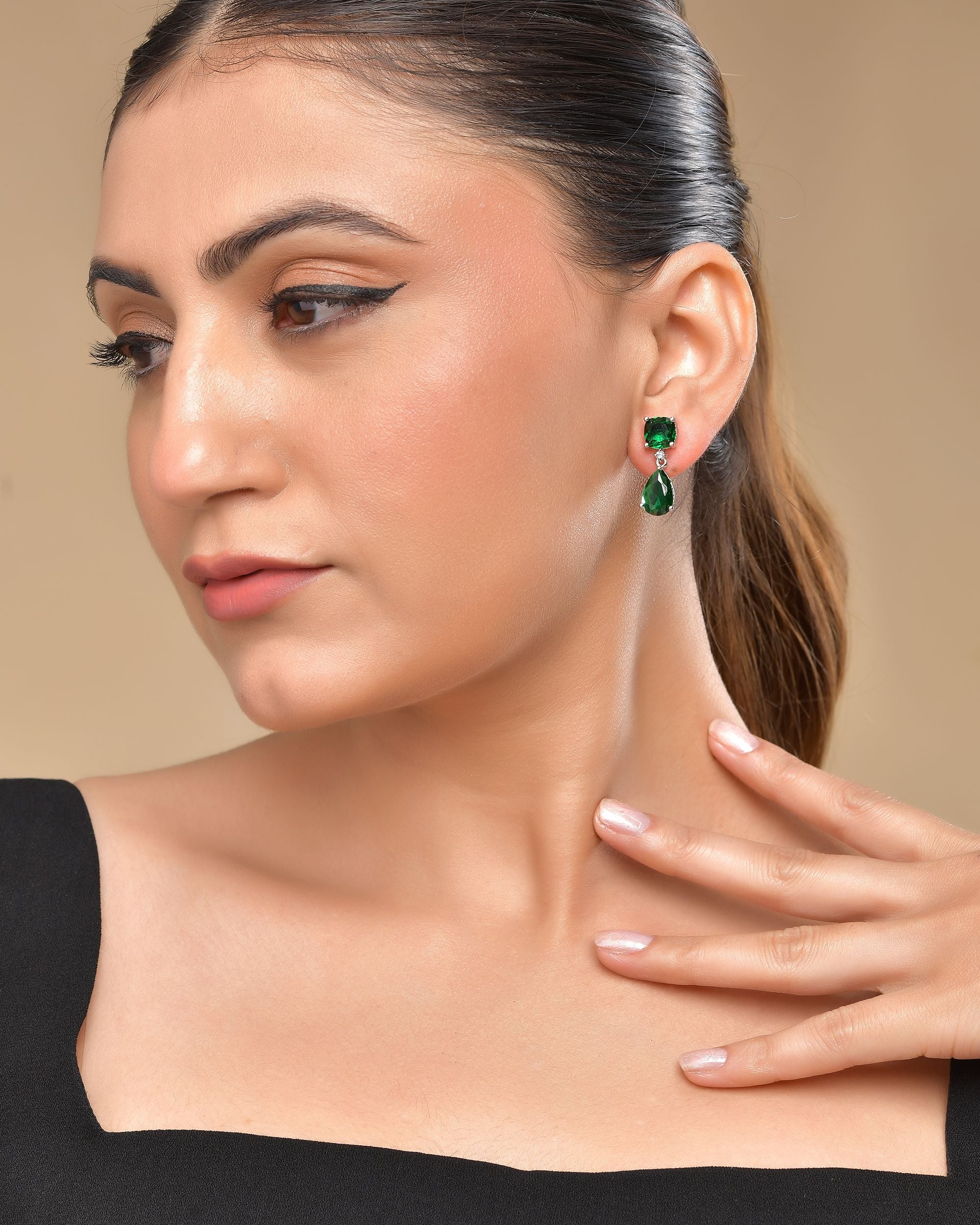 VOJ Silver Plated Green Stone Studded Studs Earrings