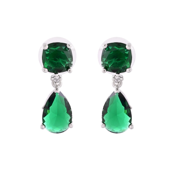 VOJ Silver Plated Green Stone Studded Studs Earrings