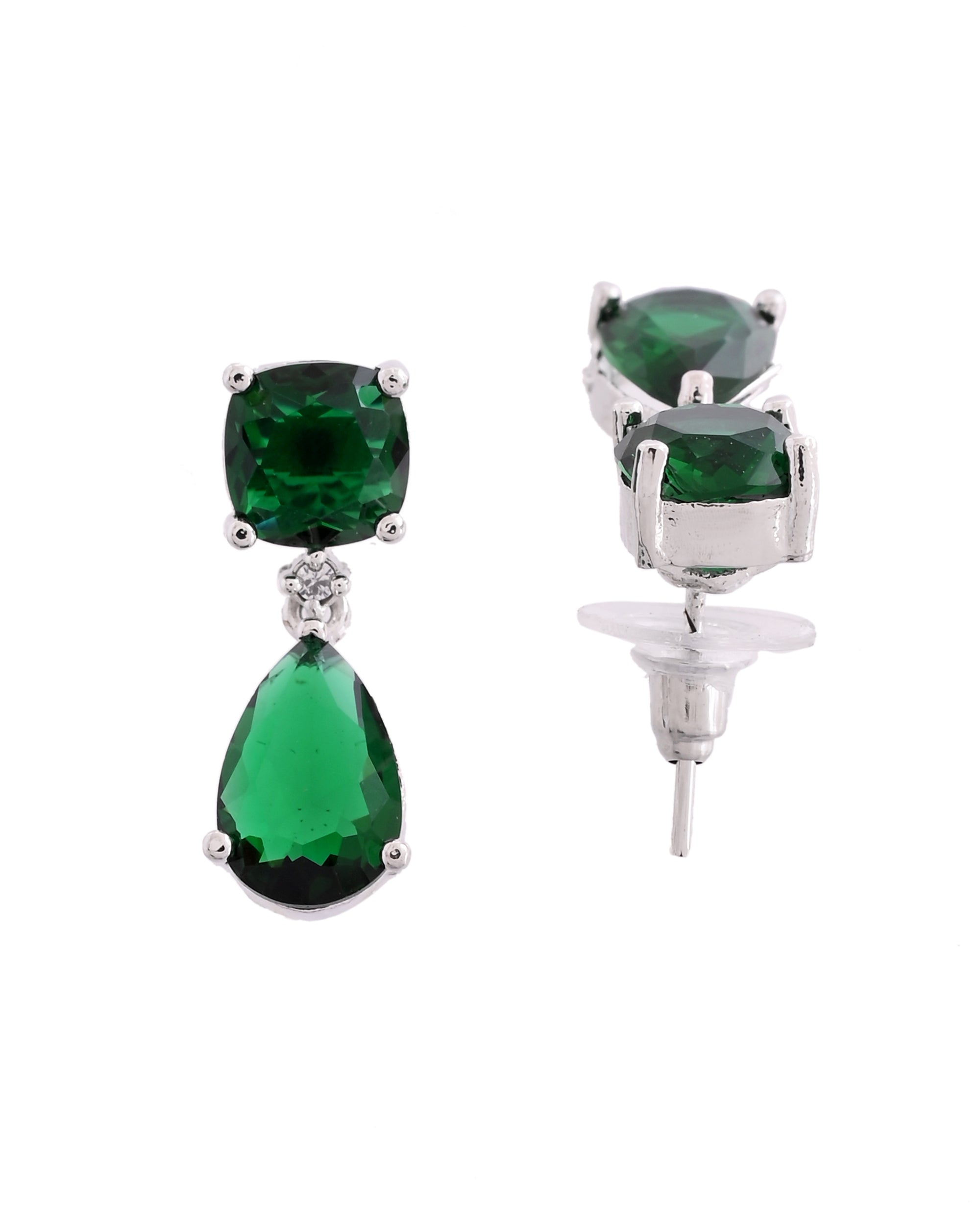 VOJ Silver Plated Green Stone Studded Studs Earrings