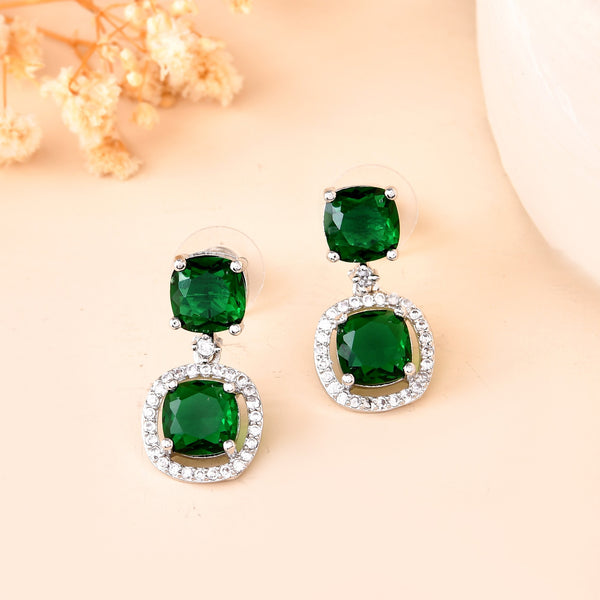 VOJ Silver Plated Green Stone Geometrical Shaped Earrings - Distacart