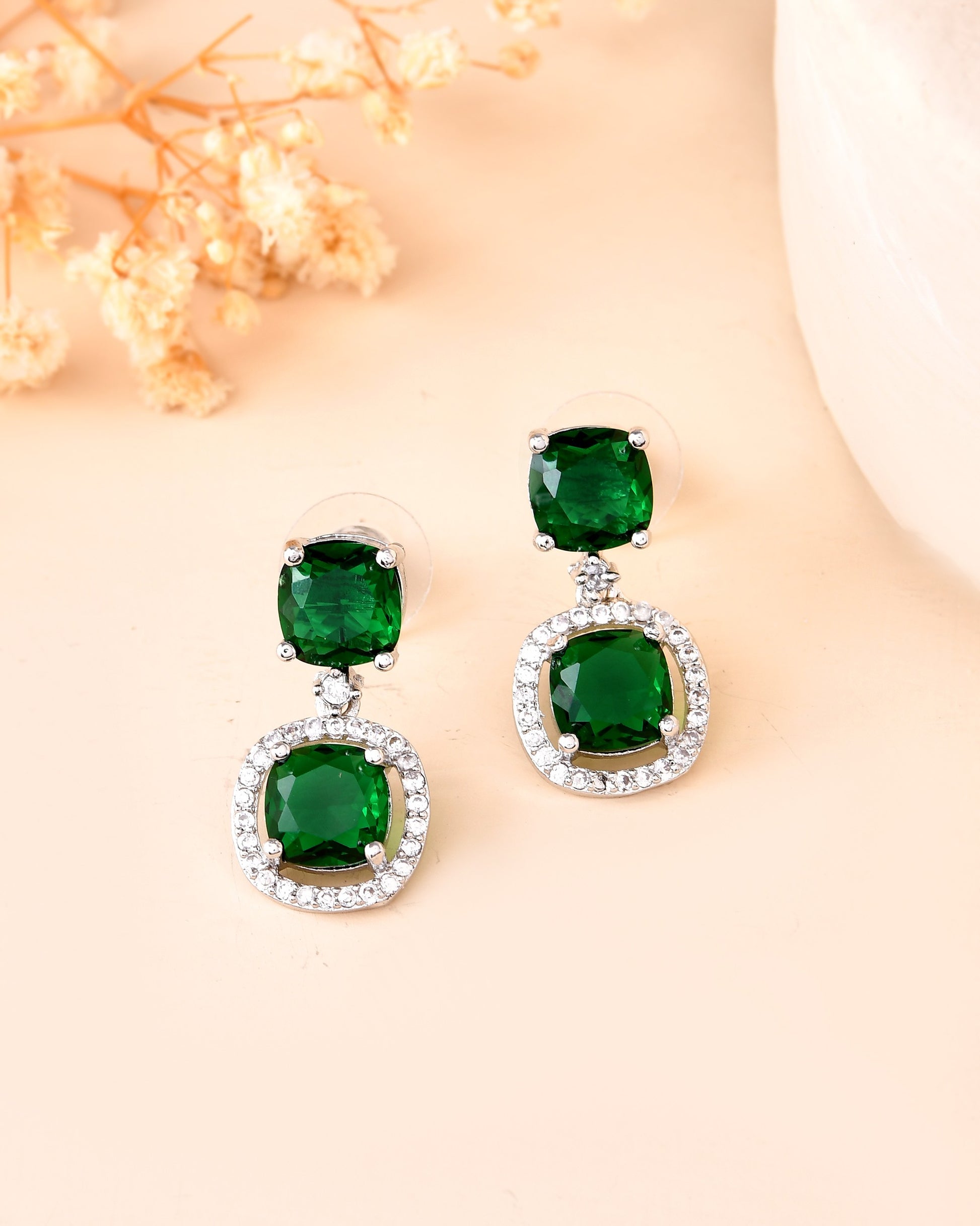 VOJ Silver Plated Green Stone Geometrical Shaped Earrings - Distacart
