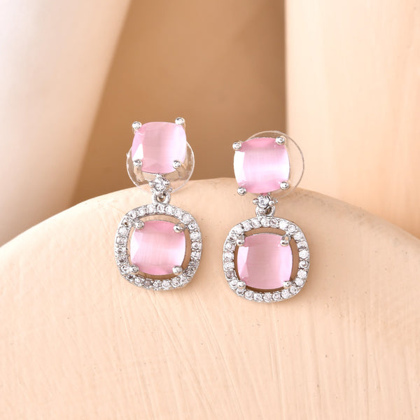 VOJ Silver Plated Baby Pink Stone Geometrical Shaped Earrings - Distacart