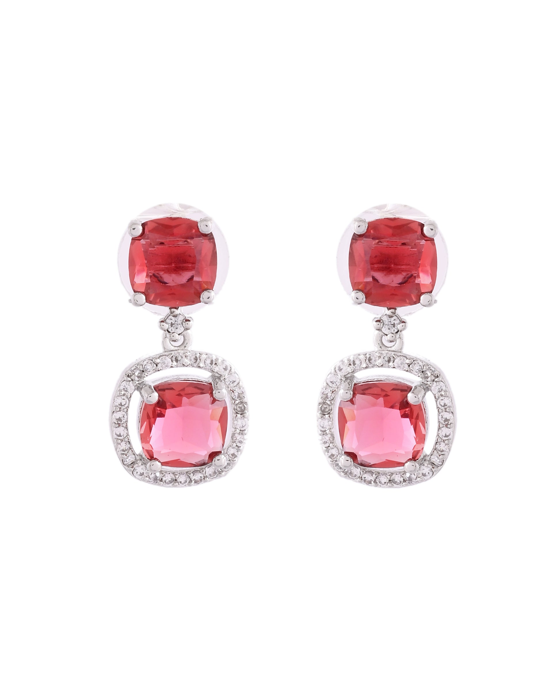 VOJ Silver Plated Red Stone Geometrical Shaped Earrings - Distacart