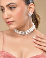 Thumbnail for VOJ Silver Plated Pearl And Ad Stone Studded Choker Necklace With Earrings Set - Distacart