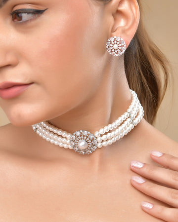 VOJ Silver Plated Pearl And Ad Stone Studded Choker Necklace With Earrings Set - Distacart
