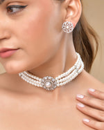 Thumbnail for VOJ Silver Plated Pearl And Ad Stone Studded Choker Necklace With Earrings Set - Distacart