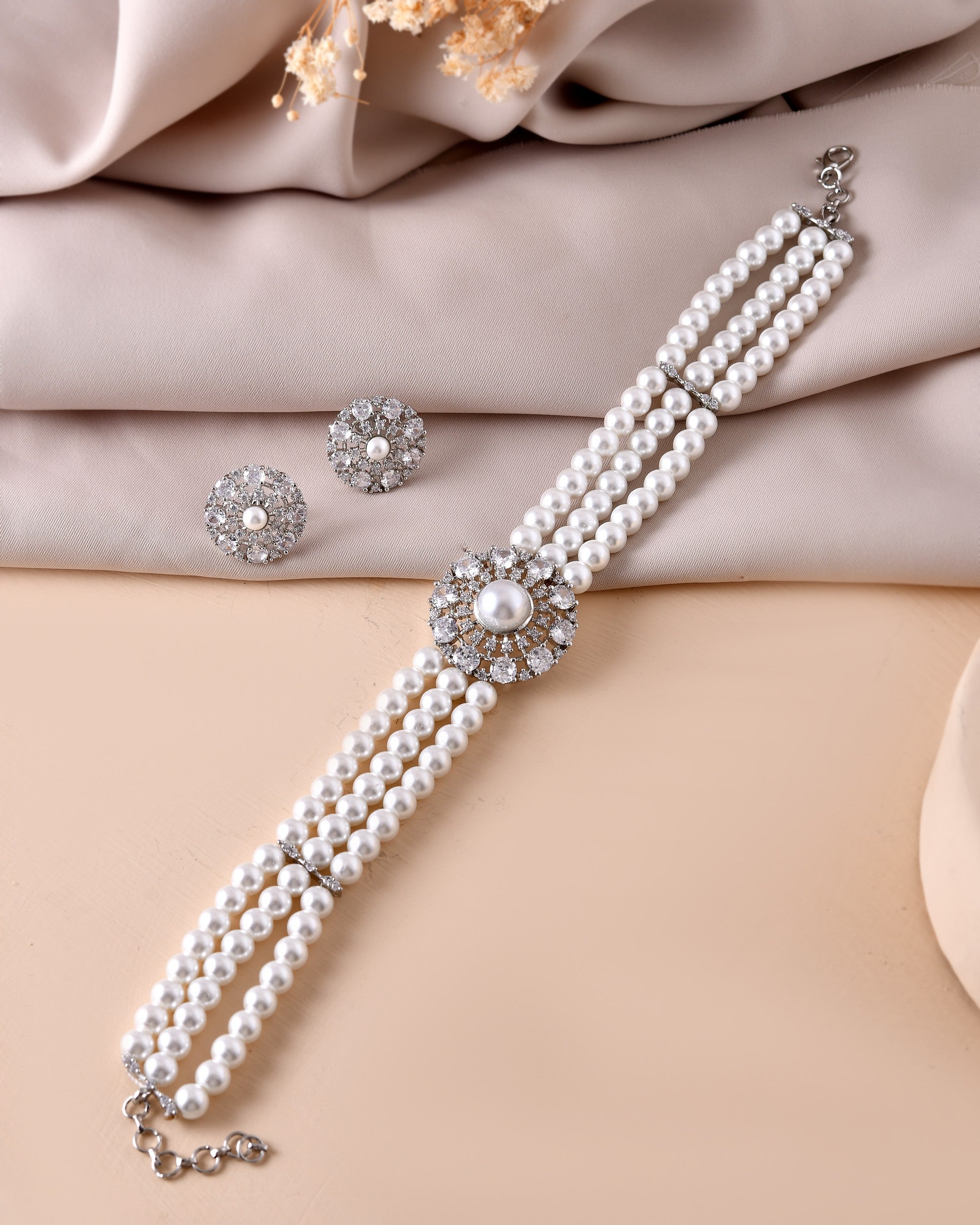 VOJ Silver Plated Pearl And Ad Stone Studded Choker Necklace With Earrings Set - Distacart