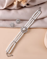Thumbnail for VOJ Silver Plated Pearl And Ad Stone Studded Choker Necklace With Earrings Set - Distacart