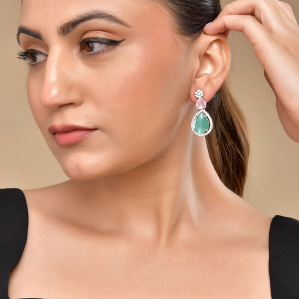 VOJ Silver Plated Teal And Pink Stone Studded Elegant Earrings - Distacart
