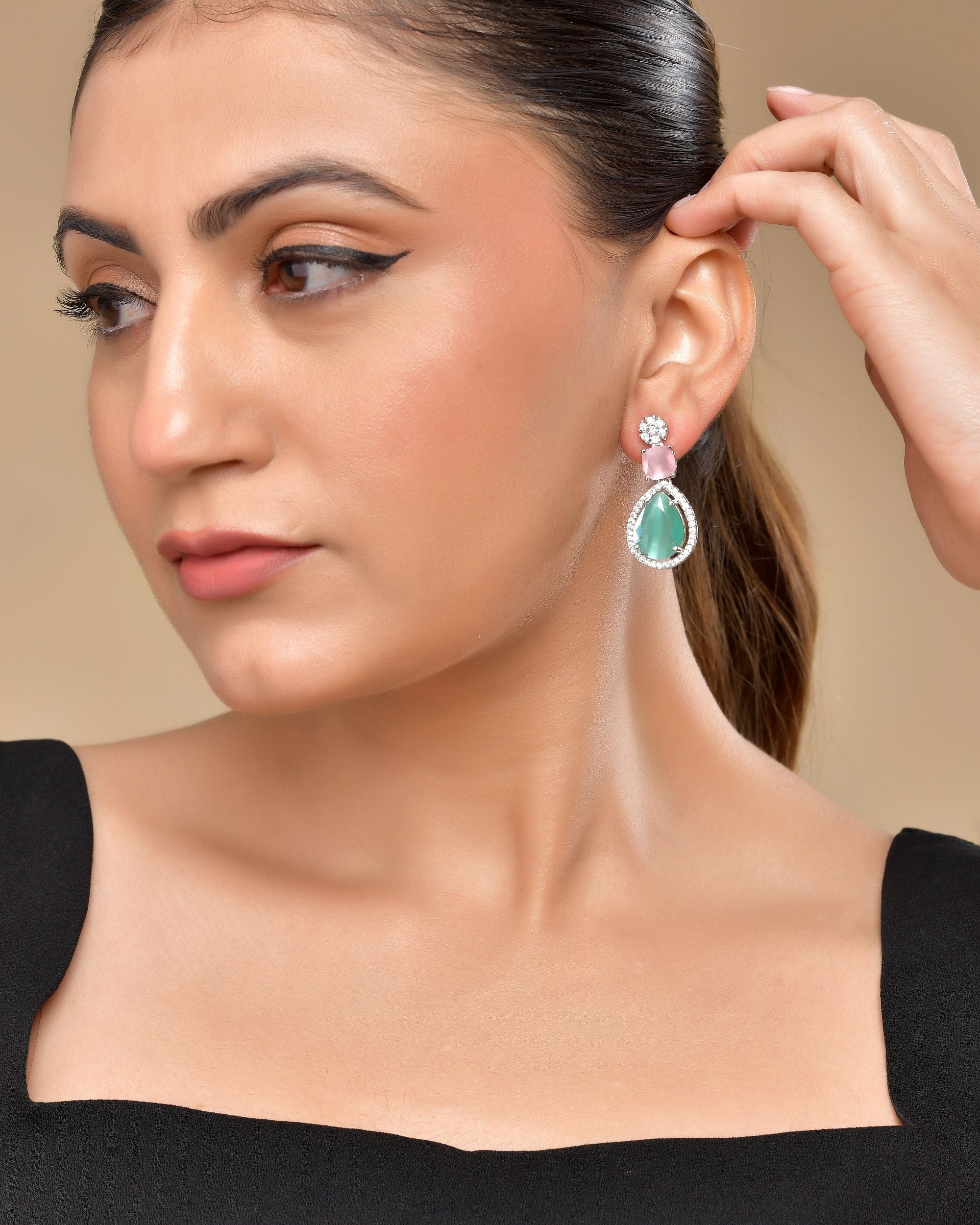 VOJ Silver Plated Teal And Pink Stone Studded Elegant Earrings